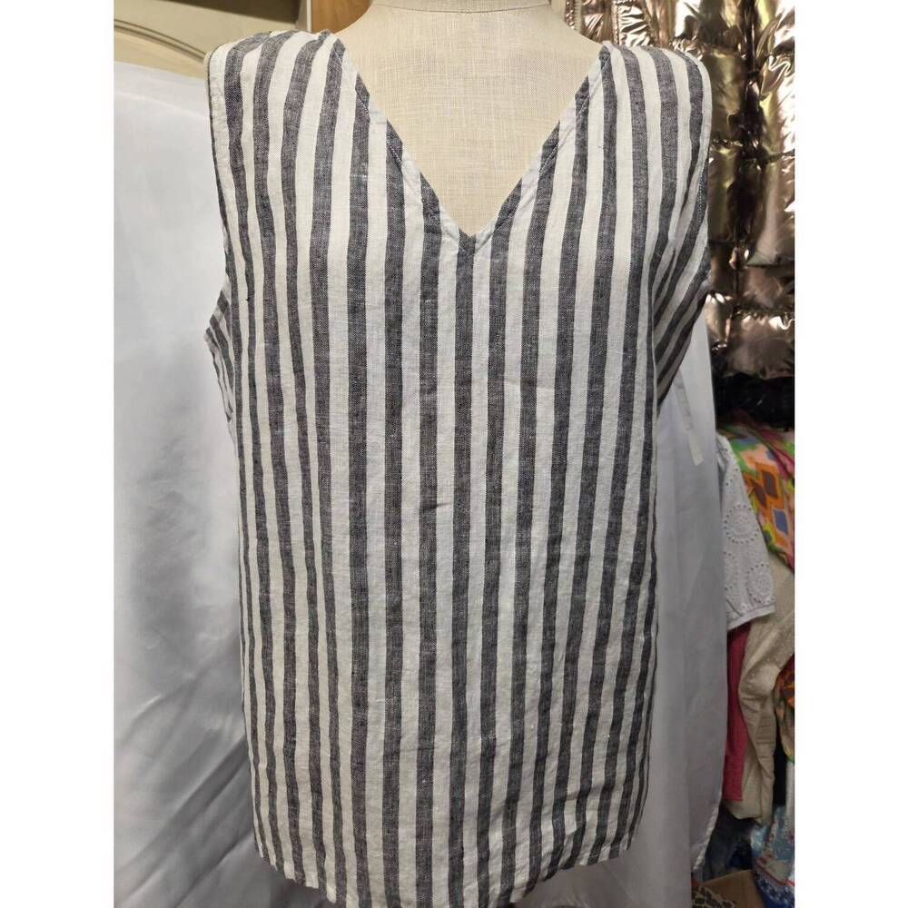 NEW FABULOUS MJ NEW YORK women's linen v neck tank in black/white stripe
